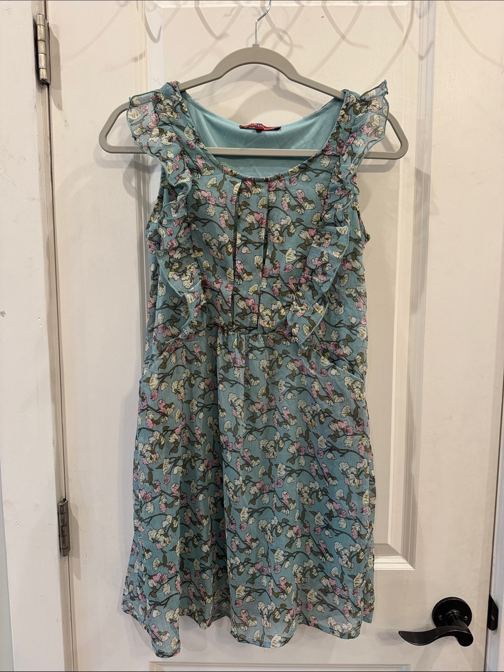 Uttam London Aqua Floral Chiffon Ruffle Mini Sundress
